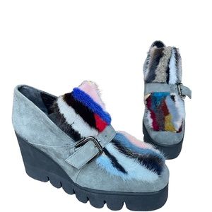 Aska Eva Fur Pump heel leather Suede Italian buckle booties Sz37